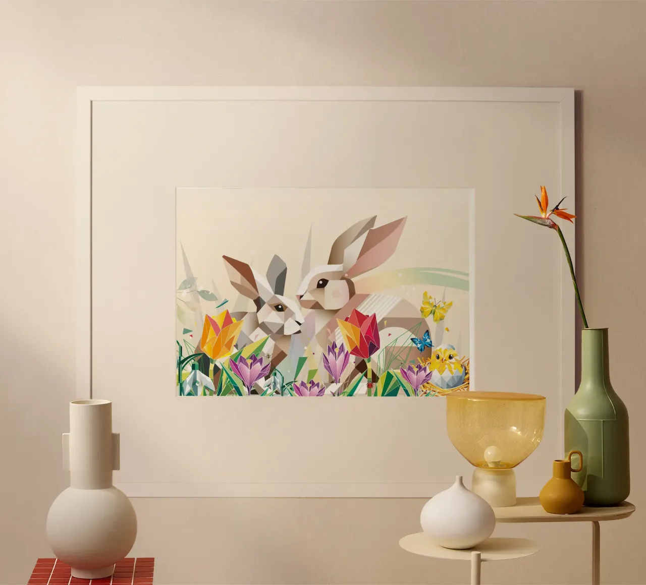 Due coniglietti di Pasqua in un mare di fiori carta hahnemühle da namosh