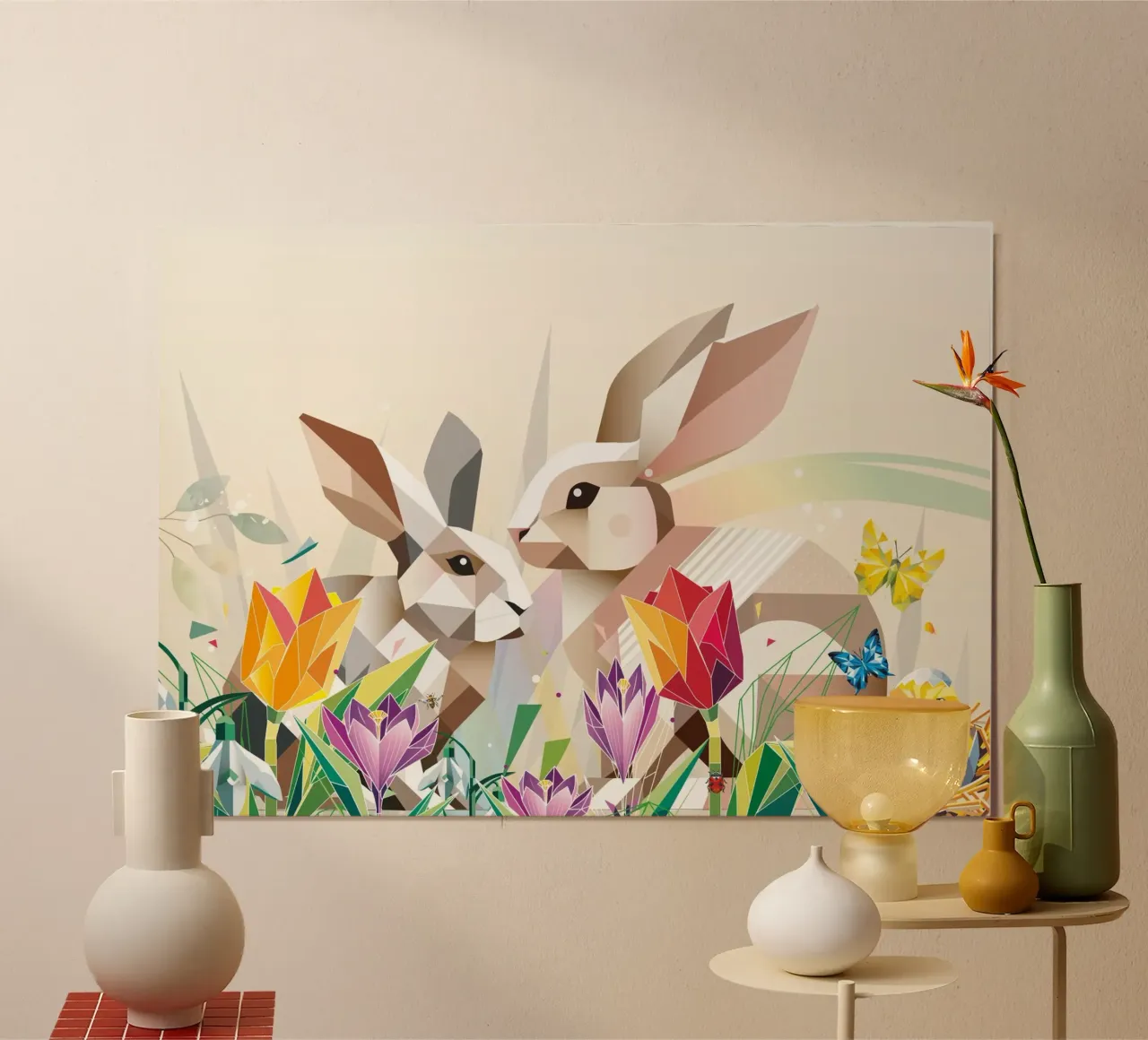 Due coniglietti di Pasqua in un mare di fiori carta hahnemühle da namosh