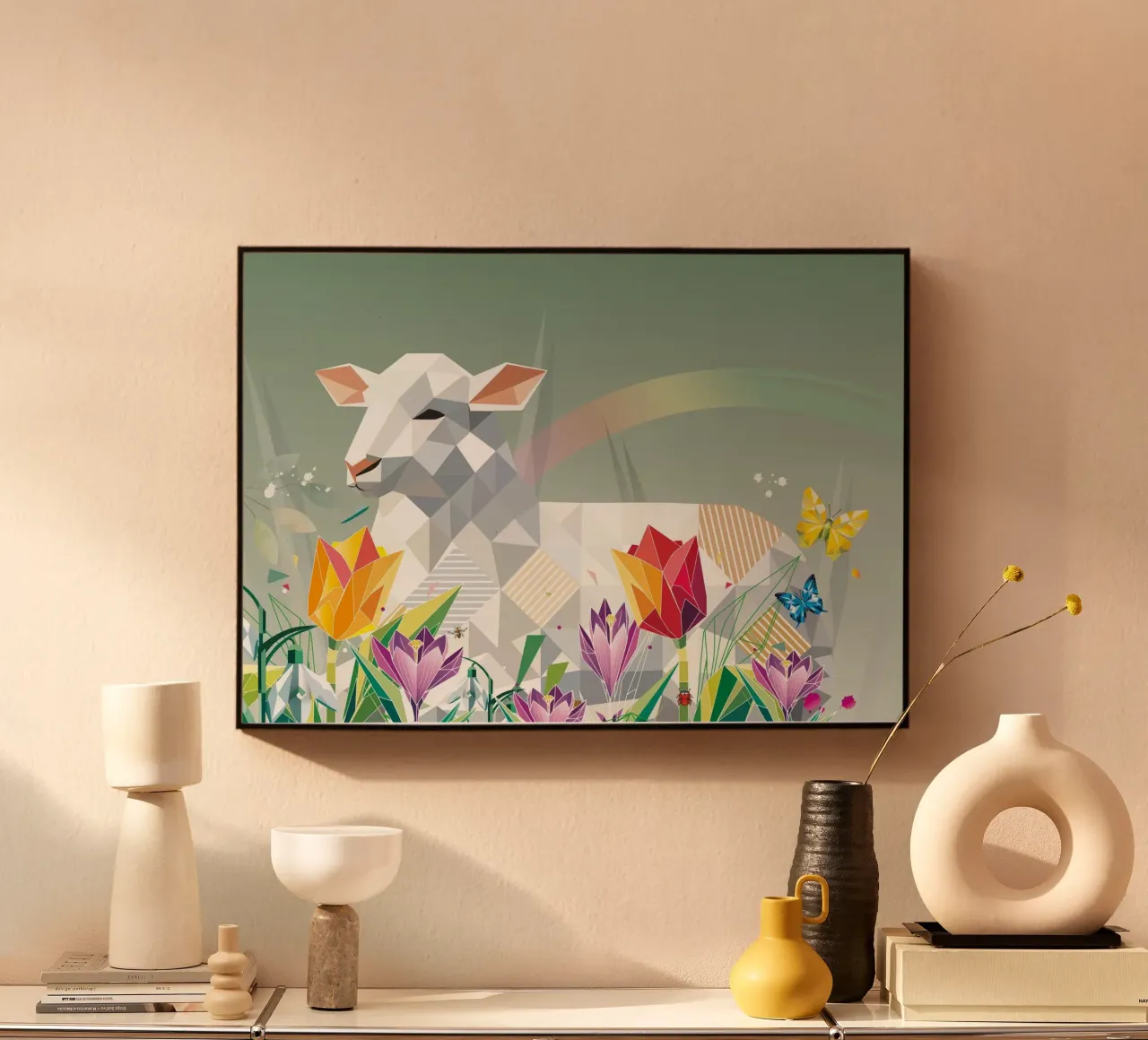Agnello di primavera con fiori e farfalle alluminio dibond da namosh