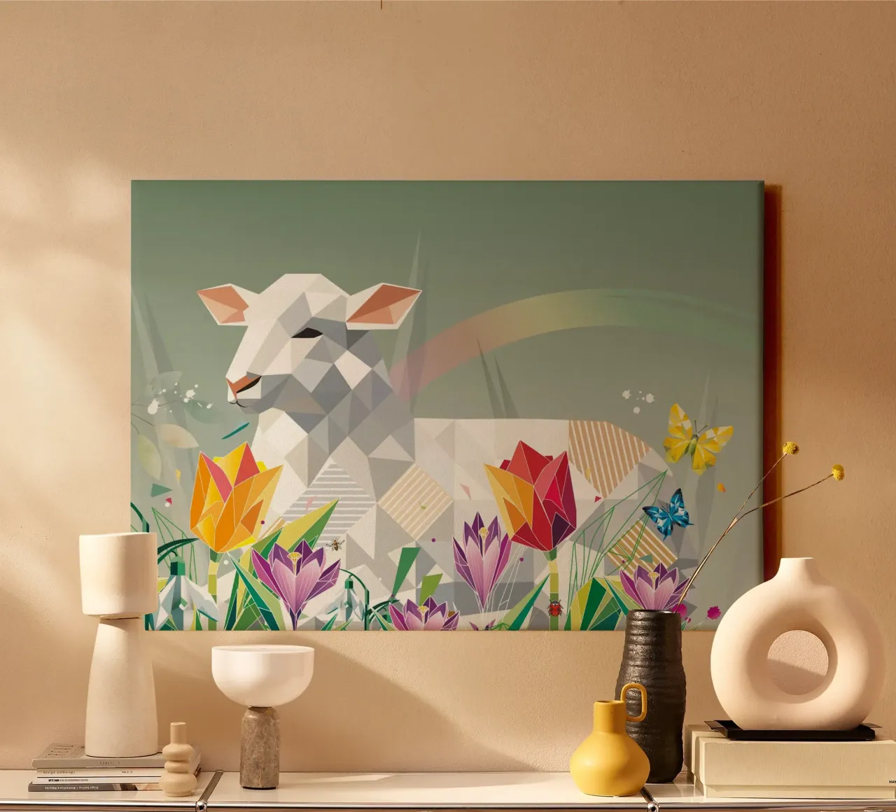 Spring lamb with flowers and butterflies canvas by namosh