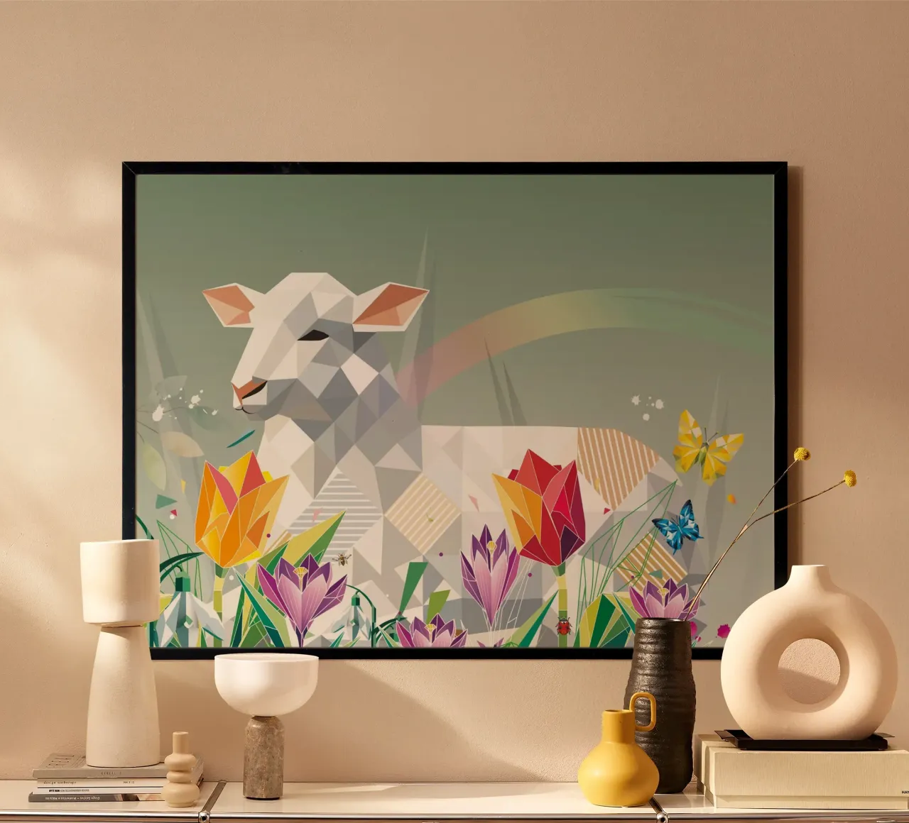 Agnello di primavera con fiori e farfalle poster con telaio in plastica da namosh