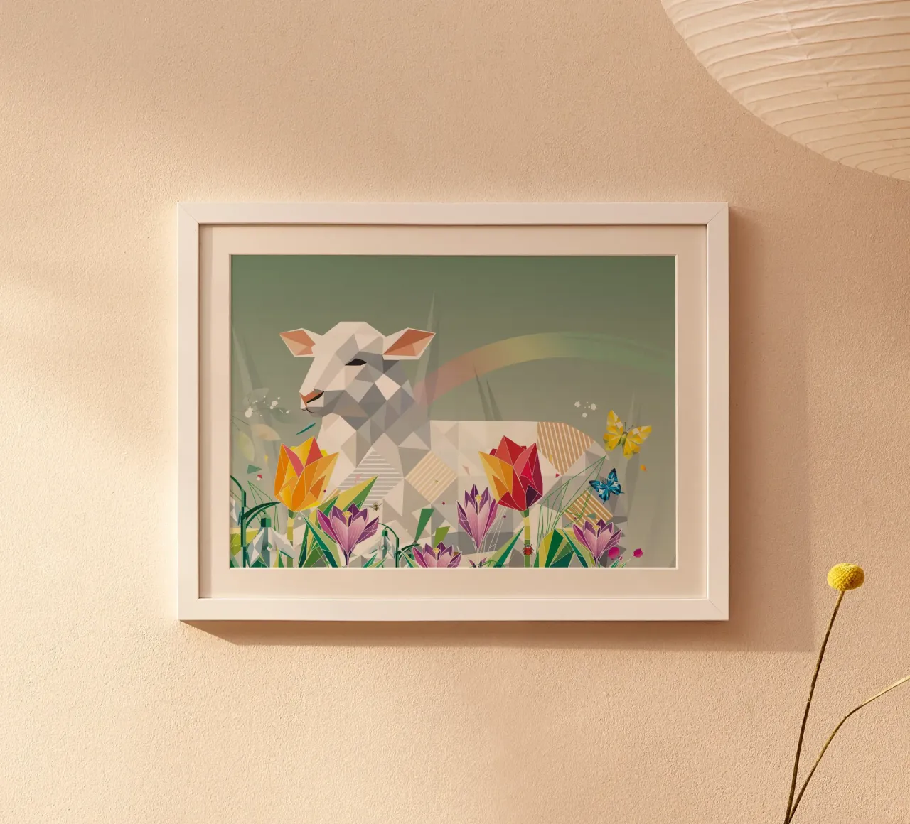 Agnello di primavera con fiori e farfalle poster con telaio in plastica da namosh