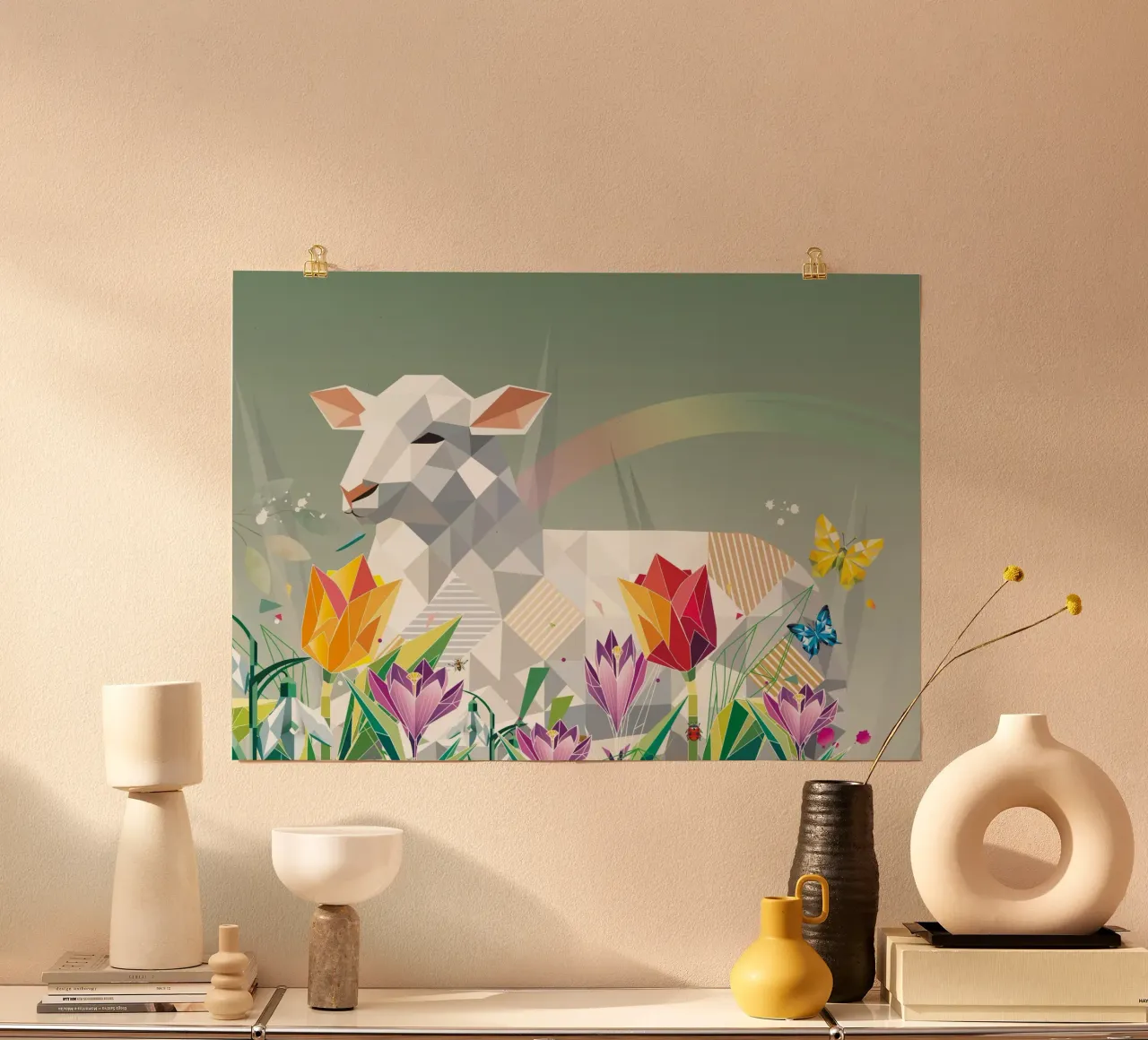 Agnello di primavera con fiori e farfalle poster con telaio in plastica da namosh