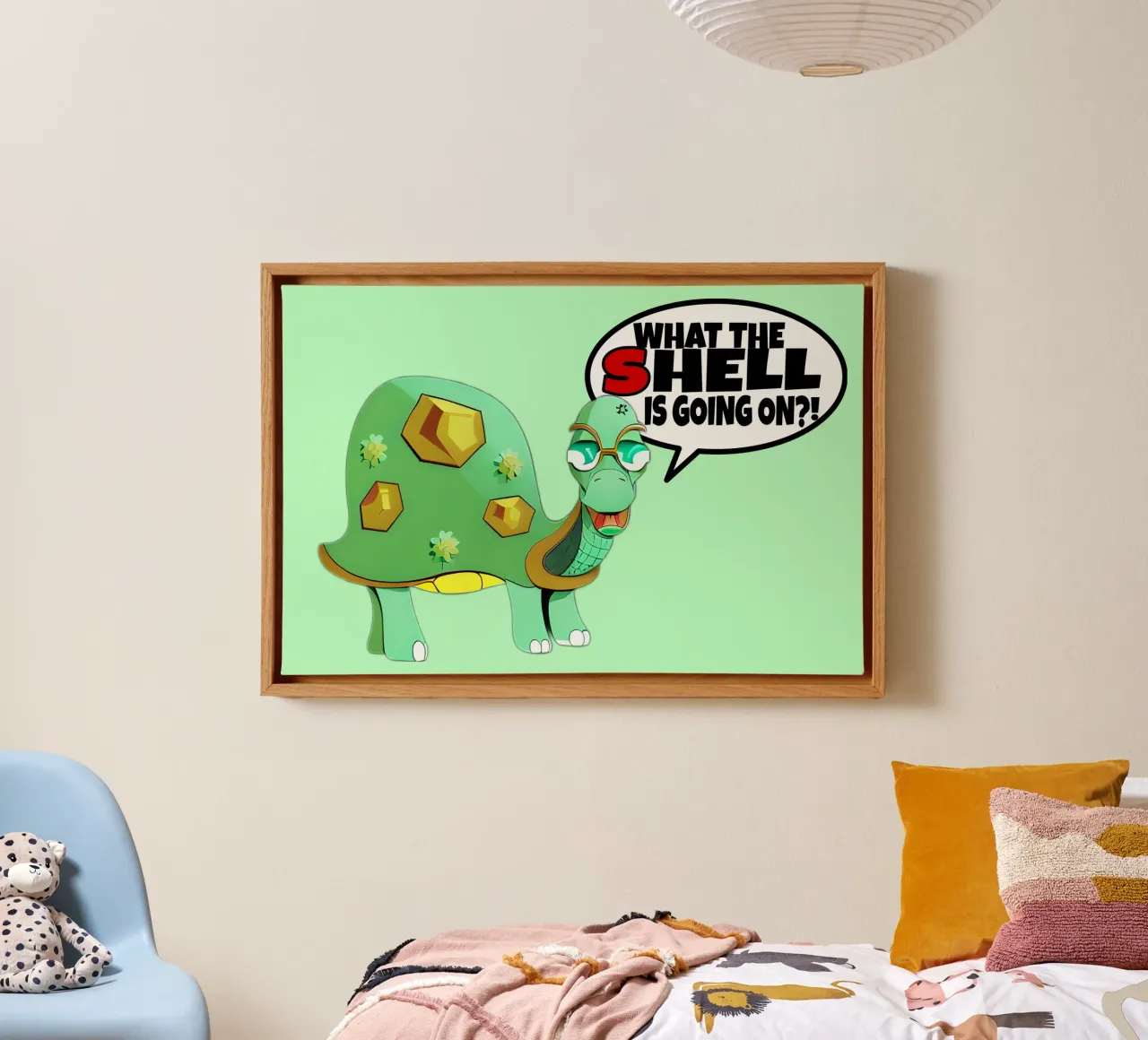 Funny Cartoon Turtle What the Shell Wordplay canvas by sillyindustries