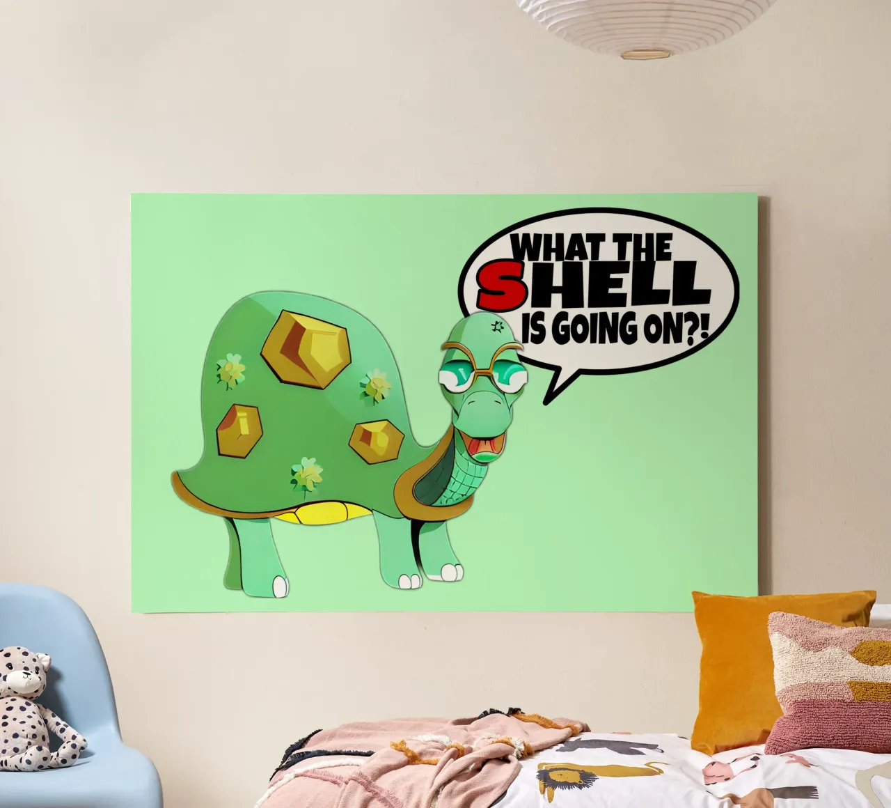 Funny Cartoon Turtle What the Shell Wordplay canvas by sillyindustries