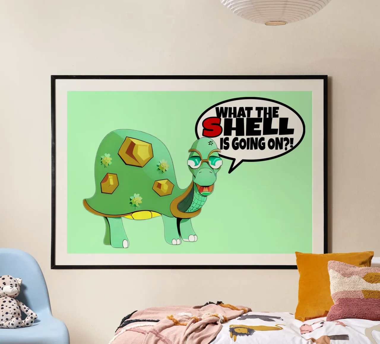 Divertente Cartone animato Tartaruga che fa il guscio Gioco di parole poster con telaio in alluminio da sillyindustries