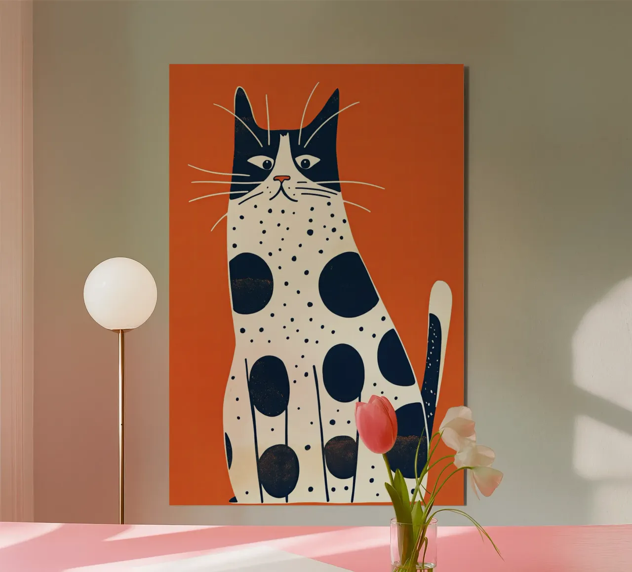 Divertente gatto leopardato su sfondo rosso con baffi alluminio dibond da Autofocus