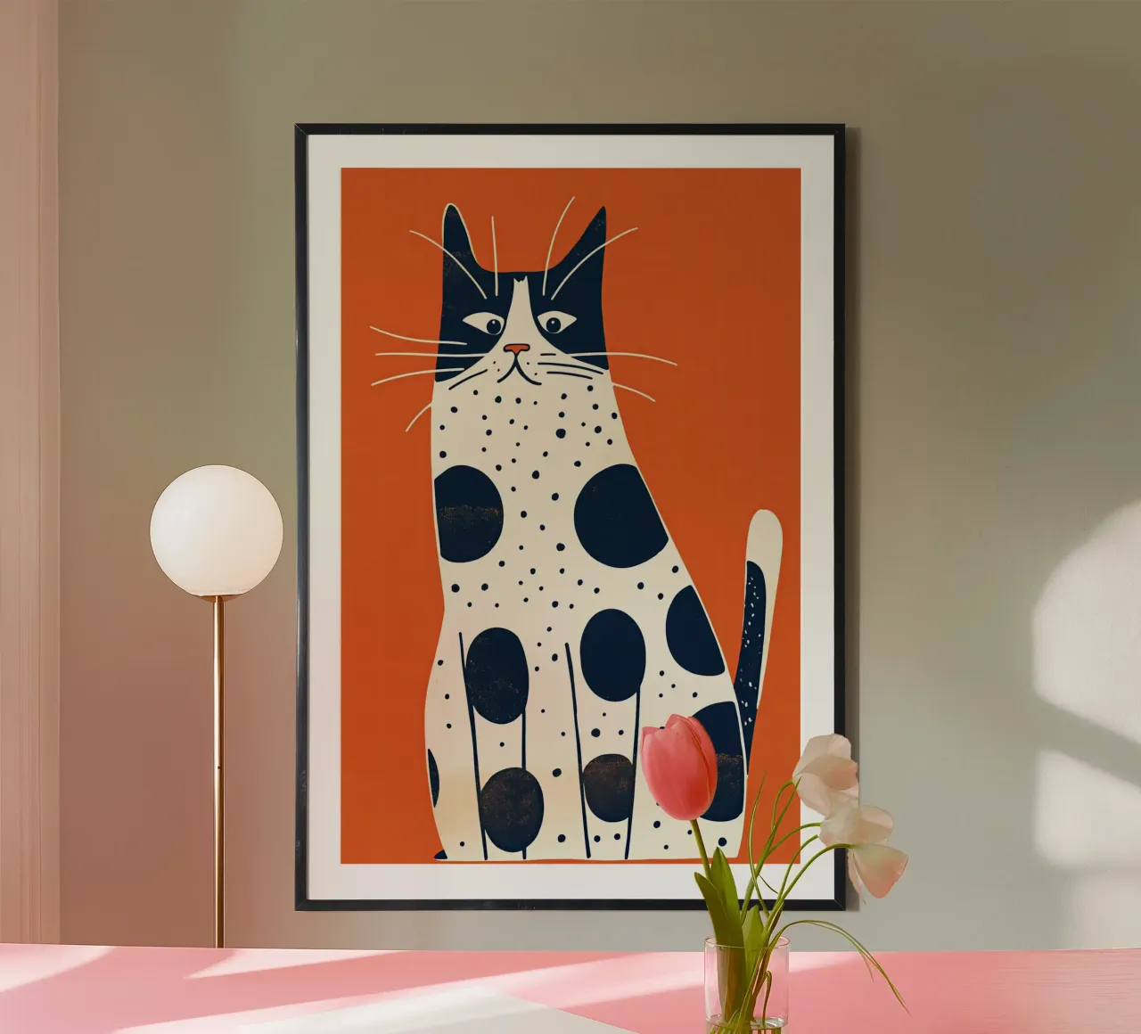 Divertente gatto leopardato su sfondo rosso con baffi poster da Autofocus