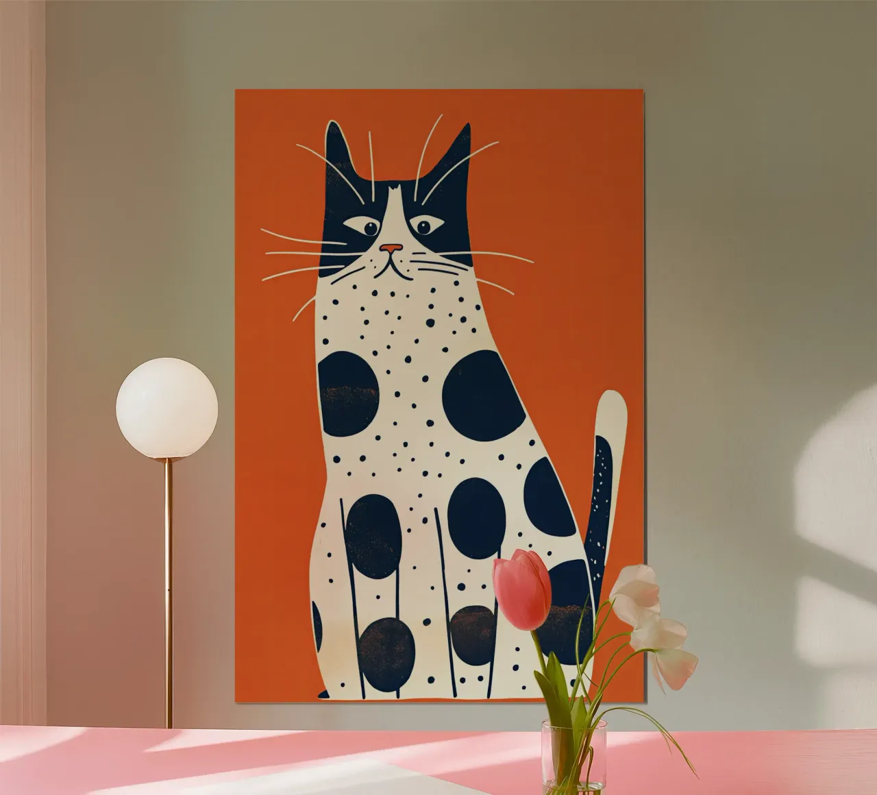 Divertente gatto leopardato su sfondo rosso con baffi poster da Autofocus