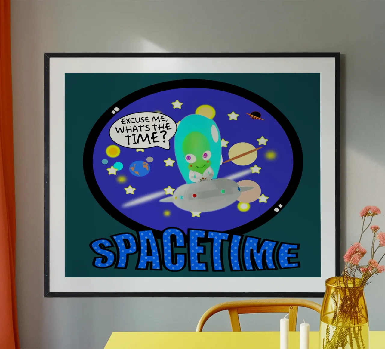 Schattige buitenaardse ruimtetijd Grappige Wetenschapsgrap poster met houten frame van sillyindustries