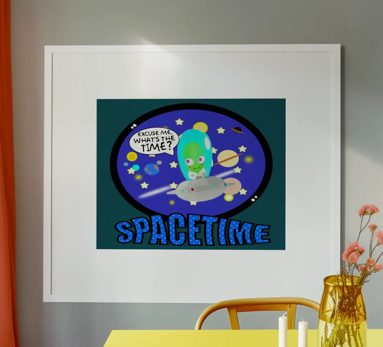Schattige buitenaardse ruimtetijd Grappige Wetenschapsgrap poster met houten frame van sillyindustries
