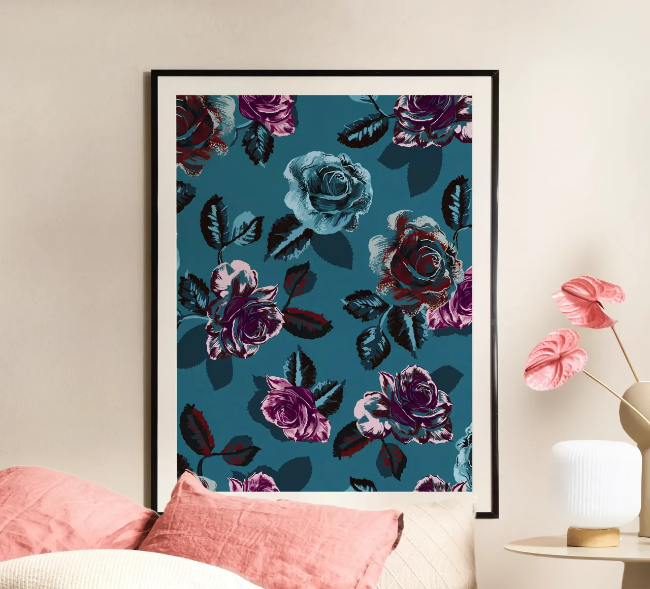 Schemerrozen poster met kunststof frame van ComfyCouture