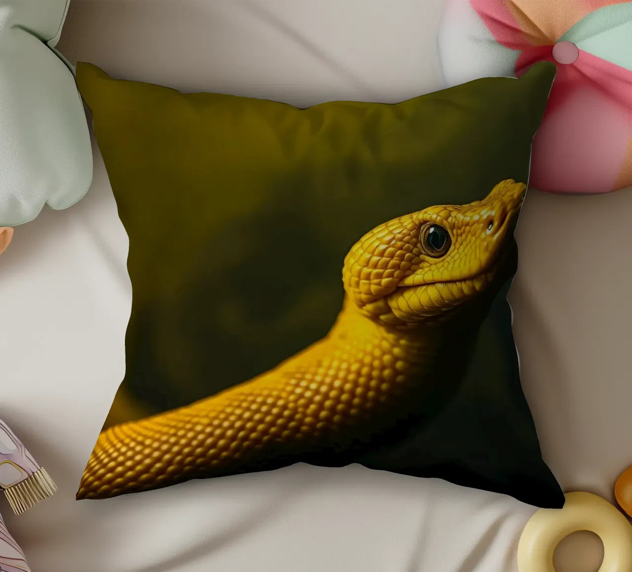 Gros plan sur un python jaune vif enroulé sur lui-même. coussin de DesignDoodle