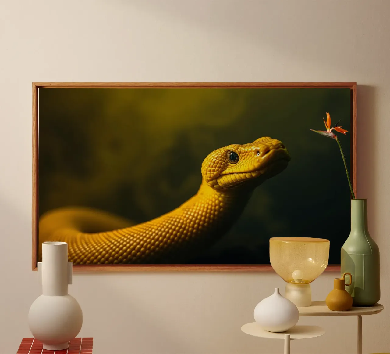 A close-up of a vibrant yellow python coiled canvas by DesignDoodle