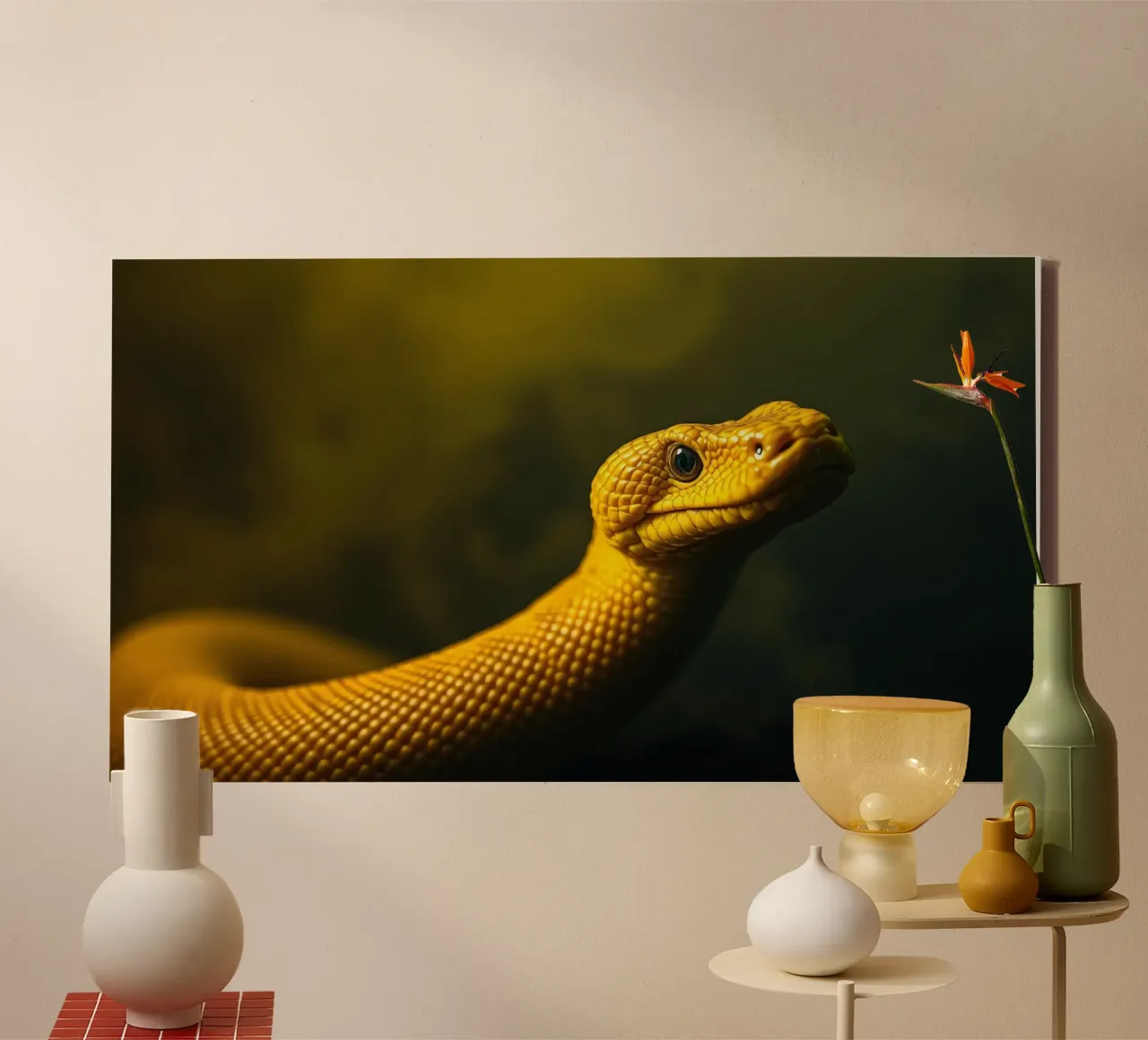 A close-up of a vibrant yellow python coiled canvas by DesignDoodle