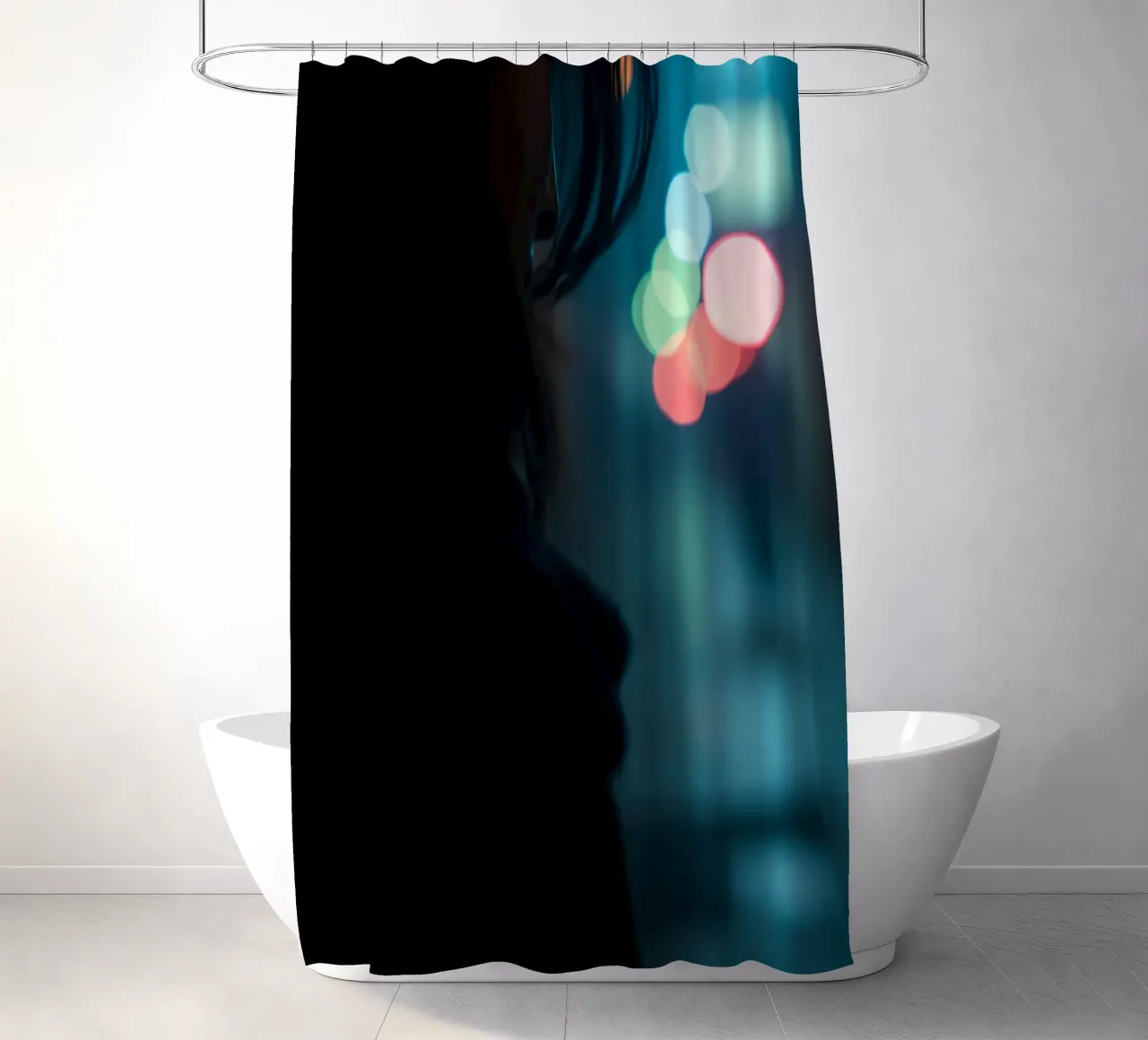 A woman stands in a dimly lit street, gazing in distance shower curtain by DesignDoodle