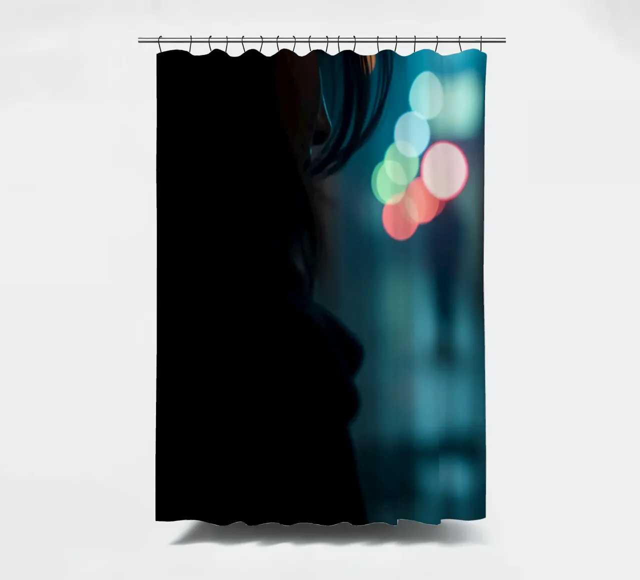 A woman stands in a dimly lit street, gazing in distance shower curtain by DesignDoodle