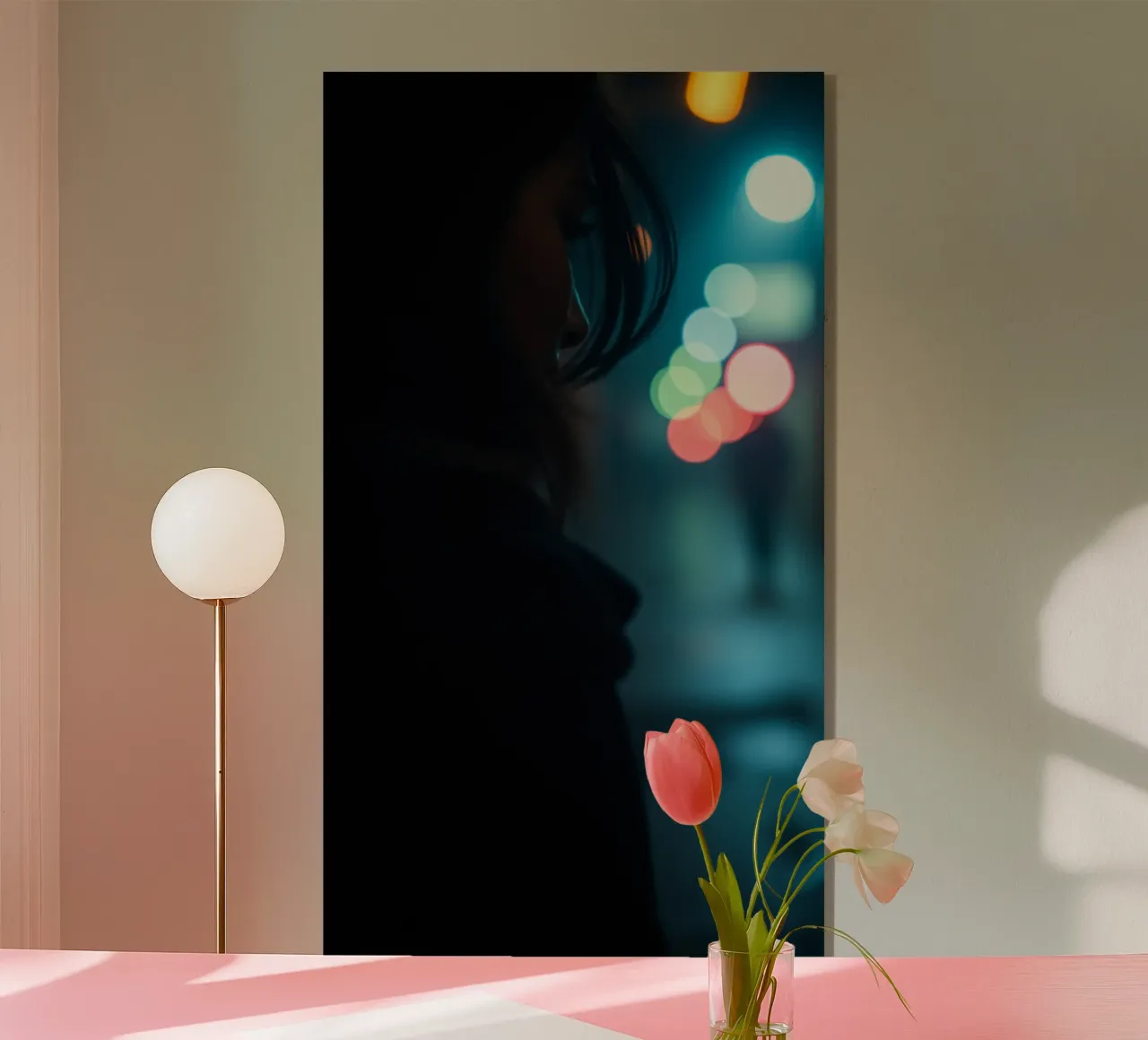 Una donna si trova in una strada scarsamente illuminata, con lo sguardo rivolto in lontananza plexiglass da DesignDoodle