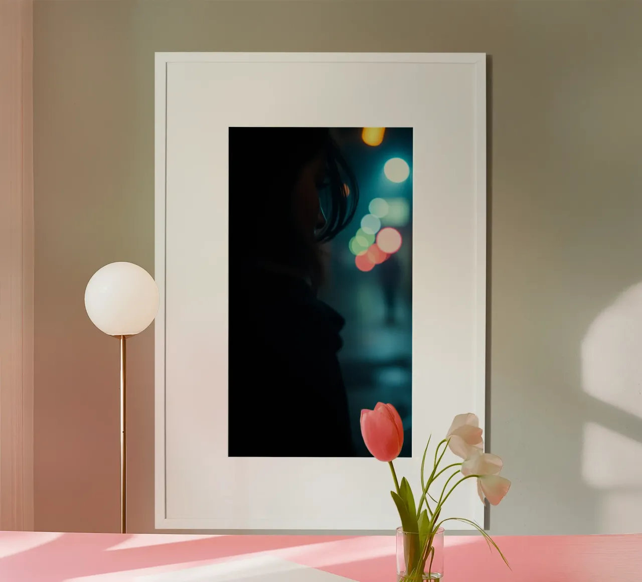 Una donna si trova in una strada scarsamente illuminata, con lo sguardo rivolto in lontananza carta hahnemühle da DesignDoodle