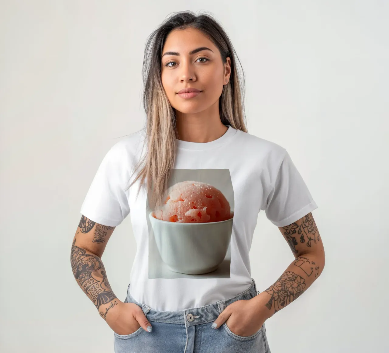 Delizioso sorbetto rosa servito in una piccola ciotola bianca t-shirt da DesignDoodle