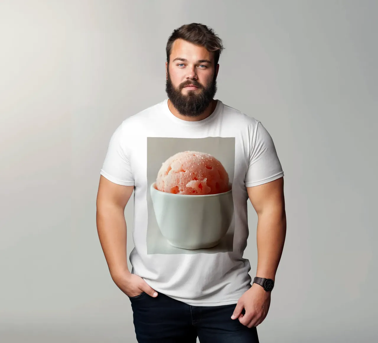 Delizioso sorbetto rosa servito in una piccola ciotola bianca t-shirt da DesignDoodle