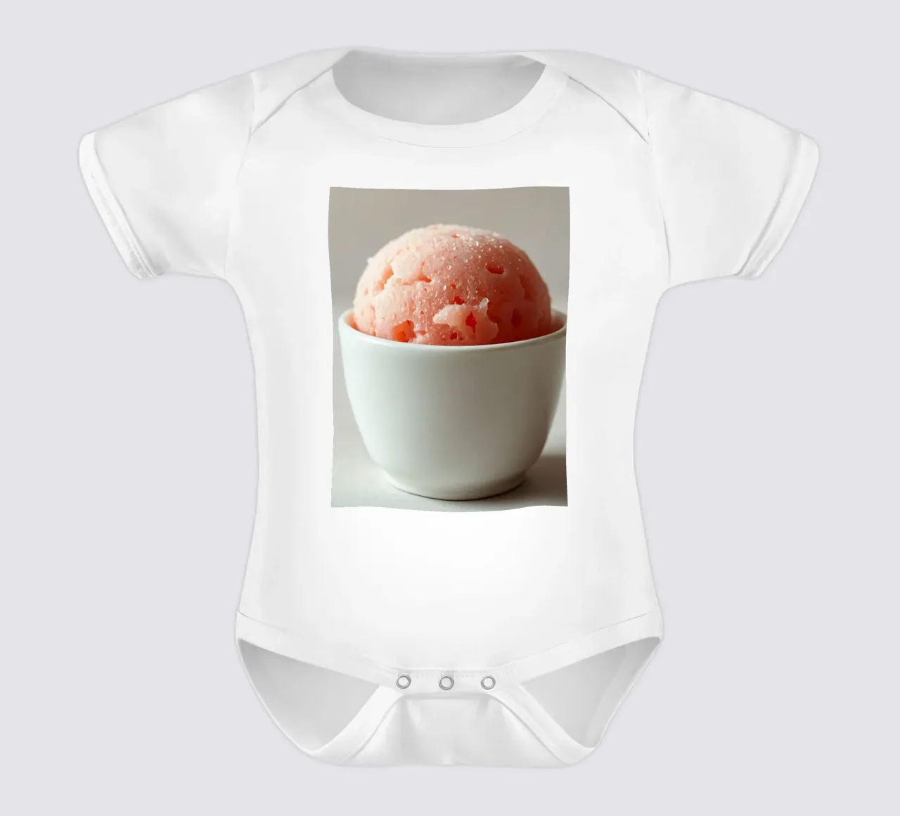 Delizioso sorbetto rosa servito in una piccola ciotola bianca body neonato maniche corte da DesignDoodle