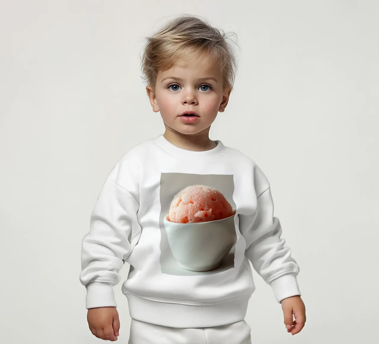 Delizioso sorbetto rosa servito in una piccola ciotola bianca felpa neonato da DesignDoodle
