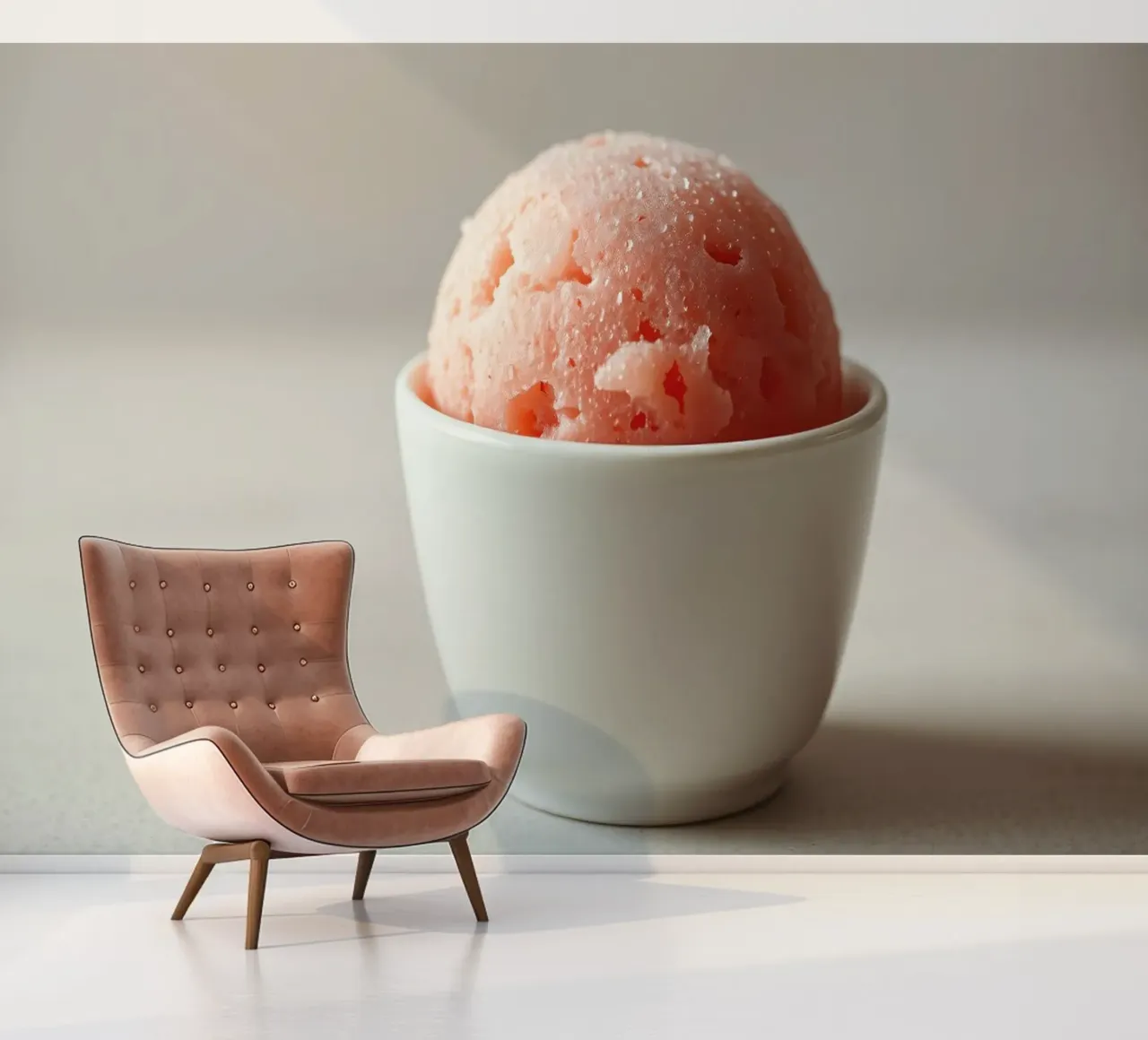Délicieux sorbet rose servi dans un petit bol blanc papier peint photo de DesignDoodle