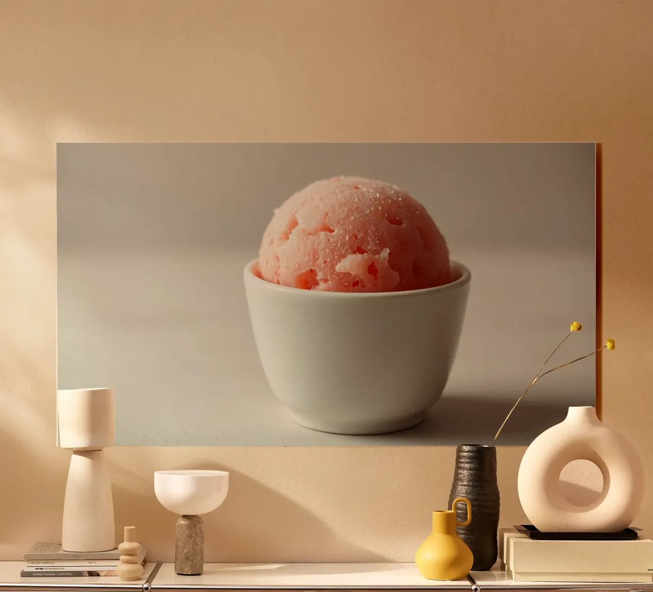 Delizioso sorbetto rosa servito in una piccola ciotola bianca plexiglass da DesignDoodle