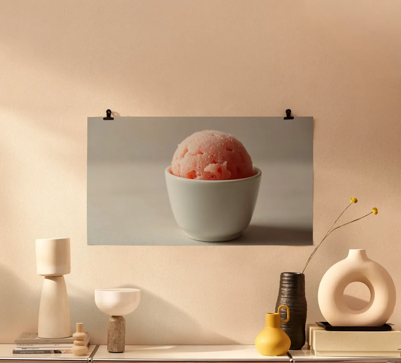 Delizioso sorbetto rosa servito in una piccola ciotola bianca carta hahnemühle da DesignDoodle
