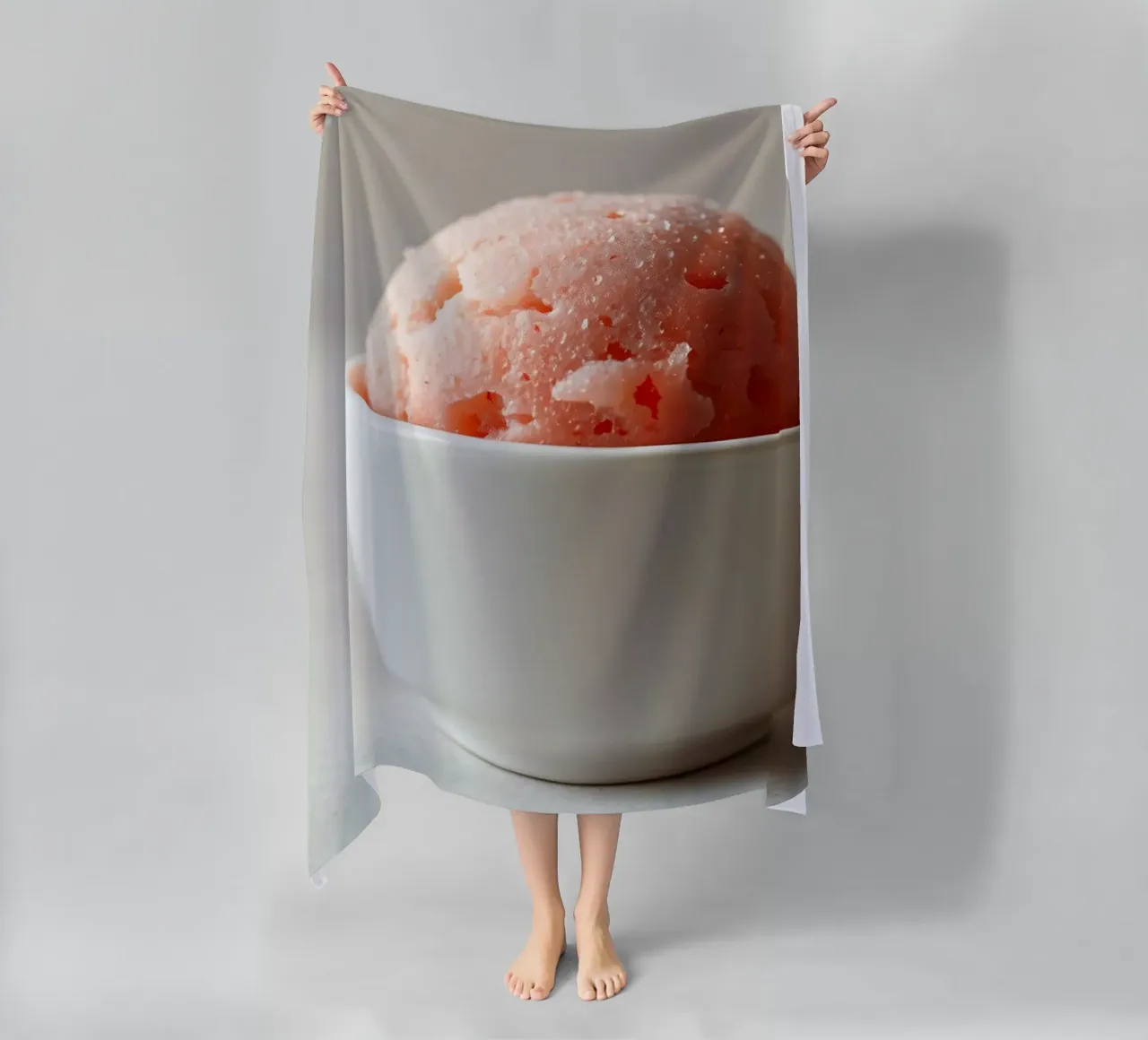 Delizioso sorbetto rosa servito in una piccola ciotola bianca telo mare da DesignDoodle