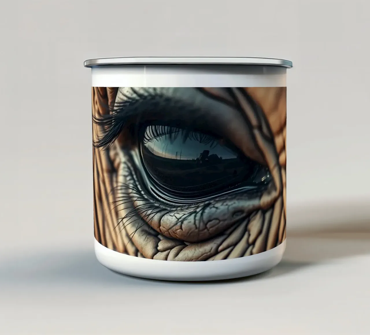 Gros plan de l'œil d'un éléphant révélant des détails complexes mug en émail de DesignDoodle