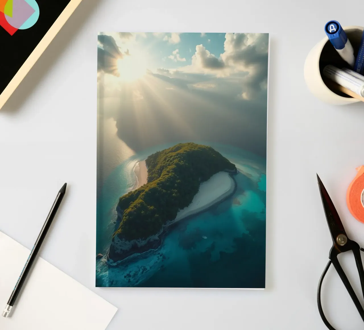 Vue aérienne d'une île entourée d'eau cristalline carnet de notes de DesignDoodle