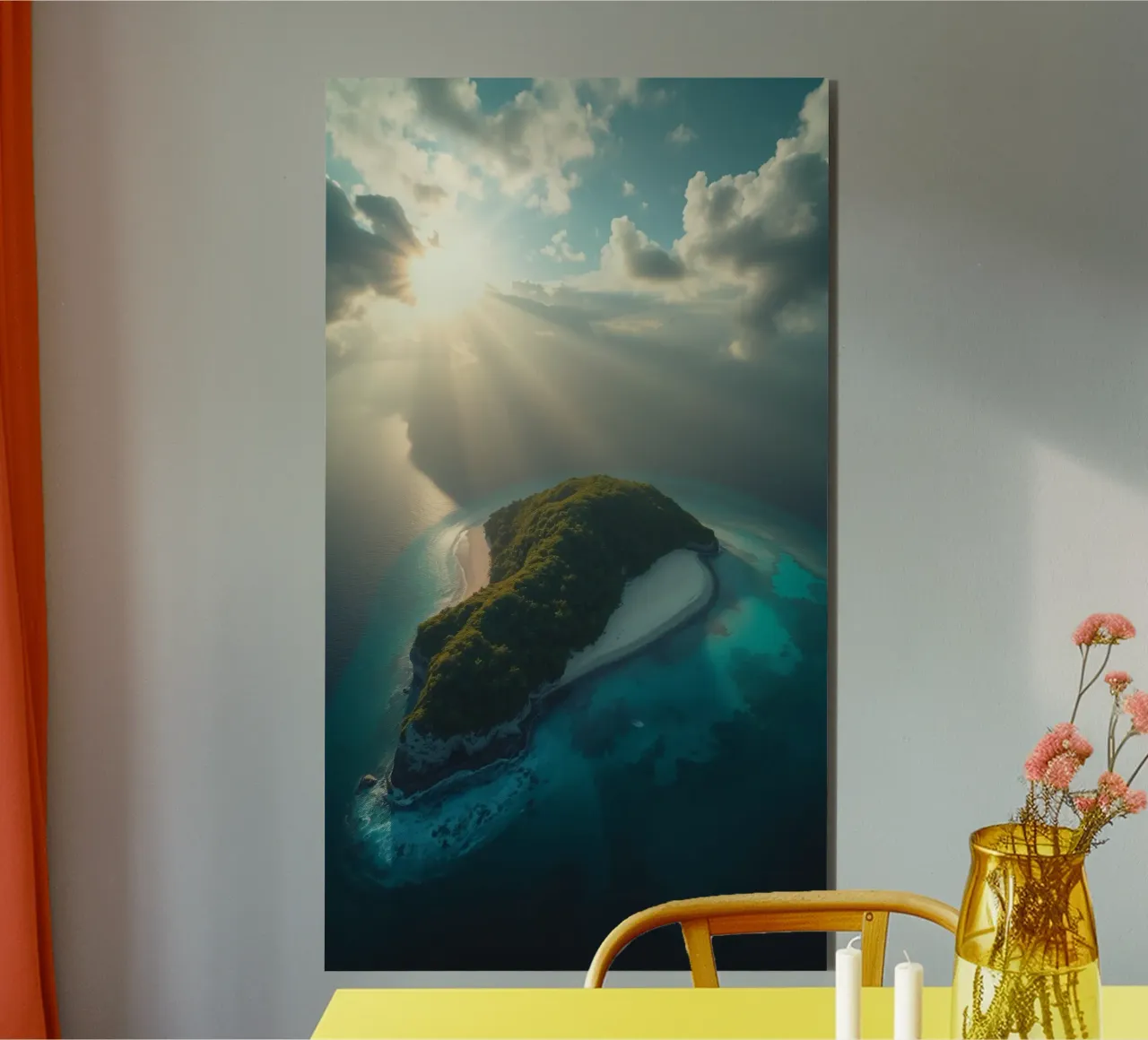 Vue aérienne d'une île entourée d'eau cristalline alu dibond de DesignDoodle