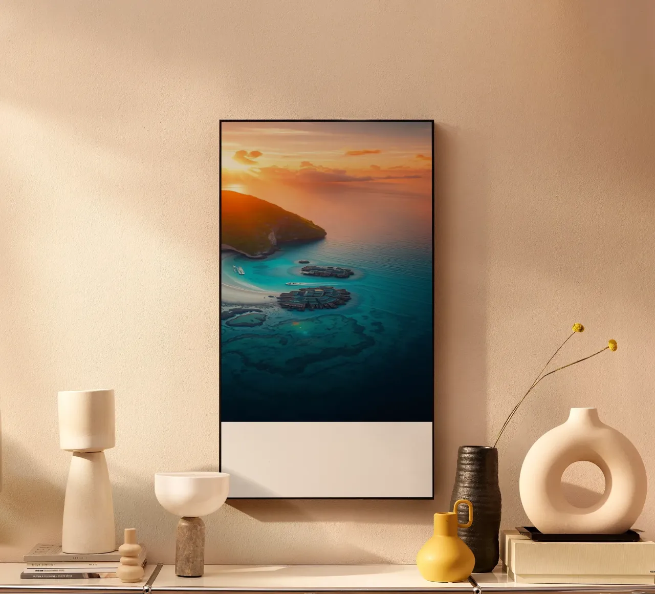 A breathtaking sunset casts warm glow over a tropical island alu-dibond by DesignDoodle