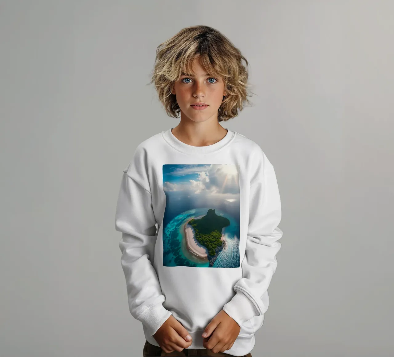 Vue aérienne d'une île tropicale entourée d'eau claire sweat enfant de DesignDoodle