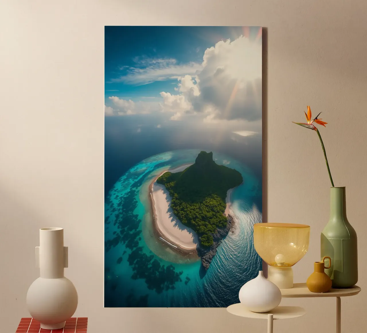 Vue aérienne d'une île tropicale entourée d'eau claire toile de DesignDoodle