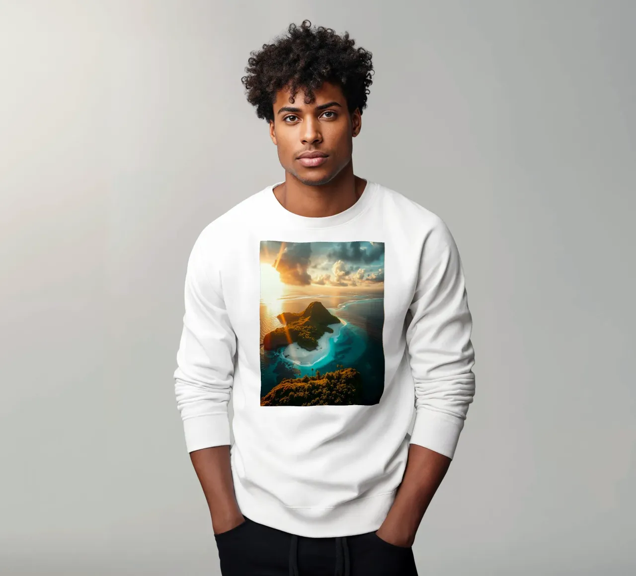 Vue aérienne d'une île tranquille au coucher du soleil avec une lumière dorée sweat de DesignDoodle