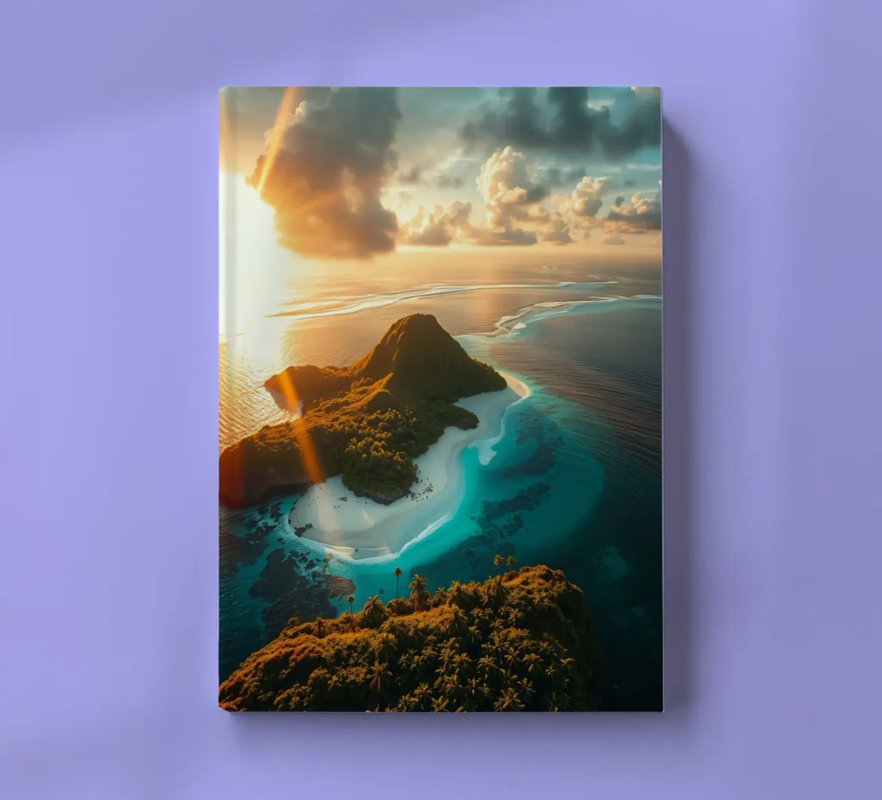Vue aérienne d'une île tranquille au coucher du soleil avec une lumière dorée carnet de notes de DesignDoodle