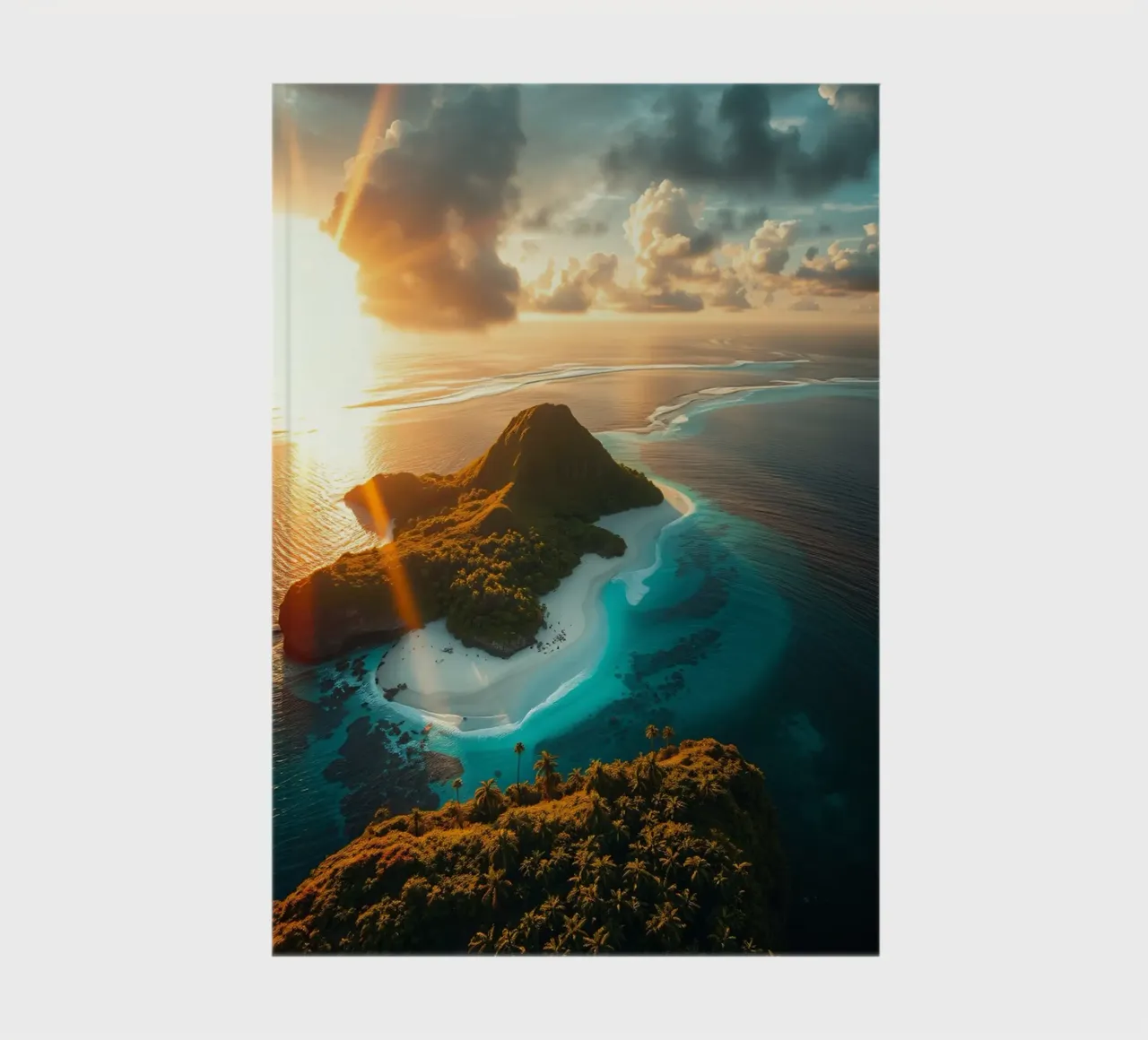 Vue aérienne d'une île tranquille au coucher du soleil avec une lumière dorée carnet de notes de DesignDoodle