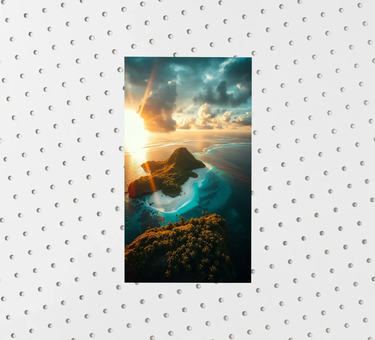 Vue aérienne d'une île tranquille au coucher du soleil avec une lumière dorée autocollant de DesignDoodle