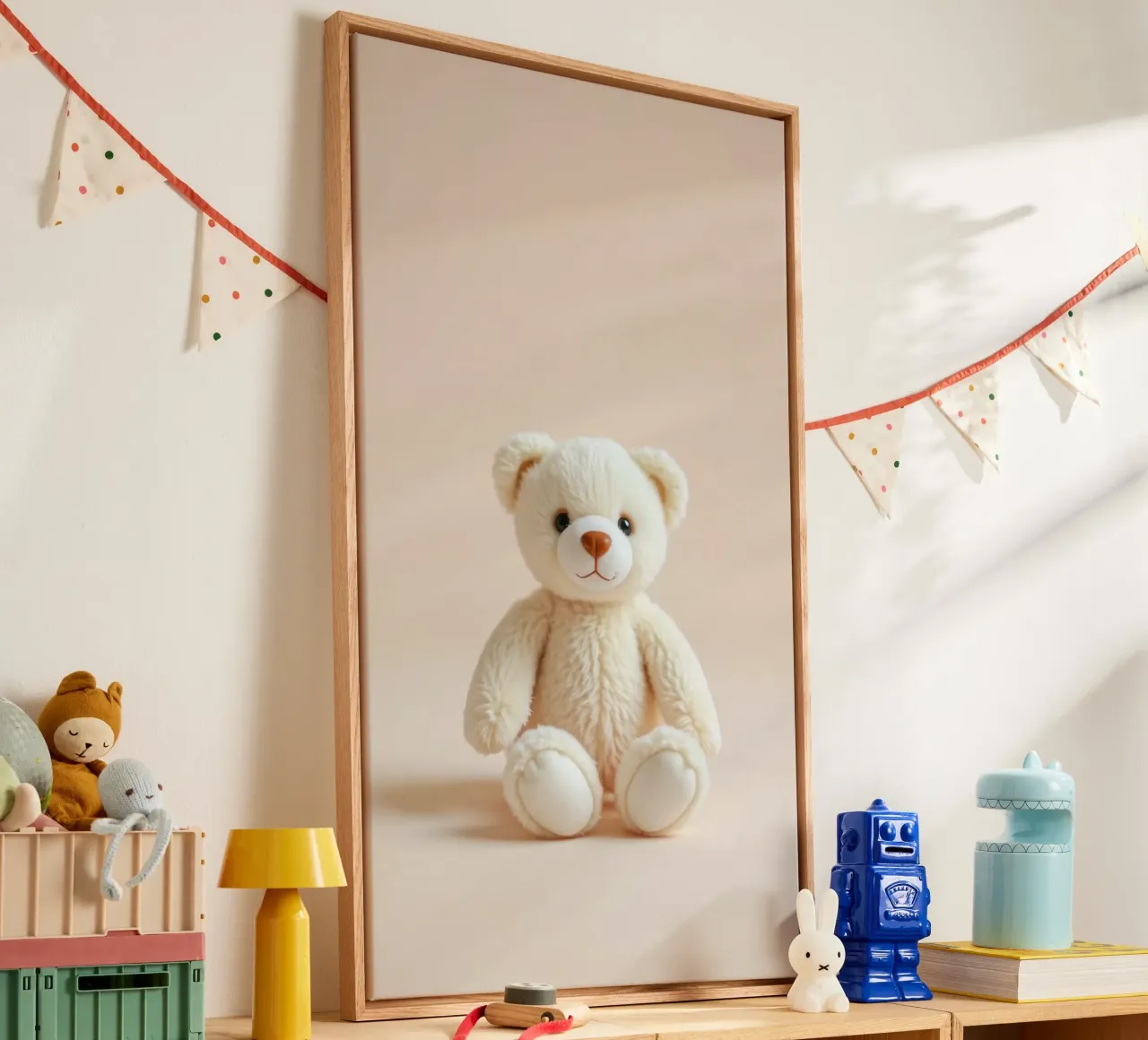 Cute white teddy bear sitting on a soft, neutral background canvas with Floater frame by DesignDoodle