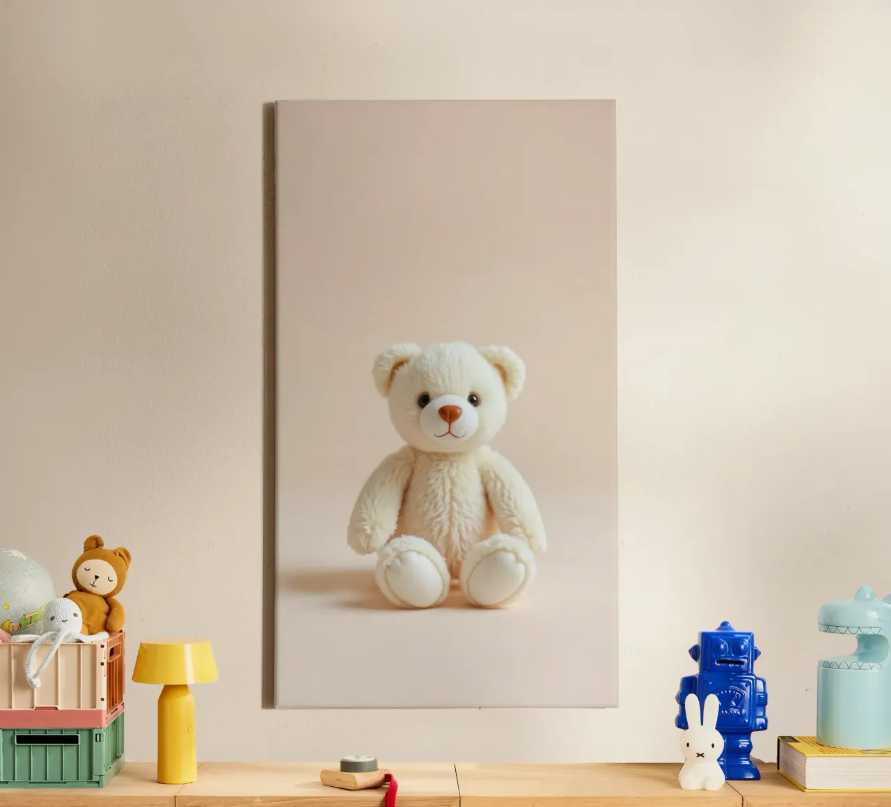 Cute white teddy bear sitting on a soft, neutral background canvas with Floater frame by DesignDoodle