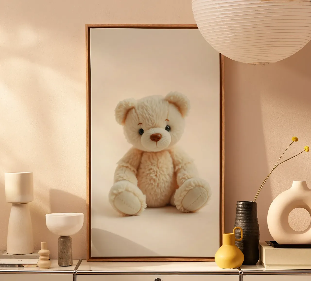 Soft cream teddy bear sitting against a light background canvas with Floater frame by DesignDoodle