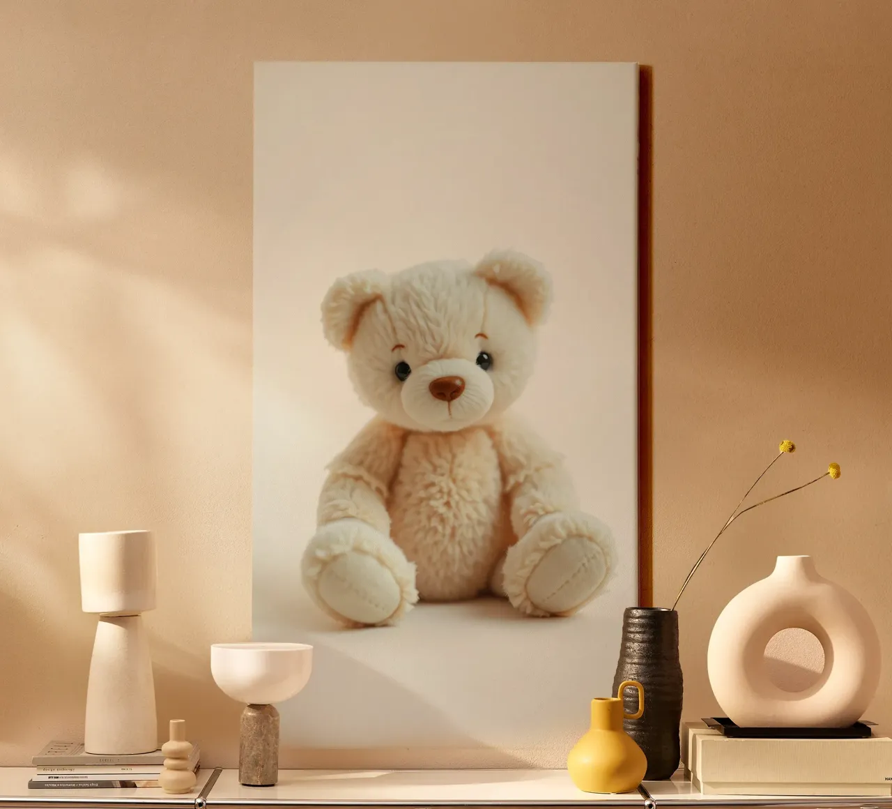 Soft cream teddy bear sitting against a light background canvas with Floater frame by DesignDoodle