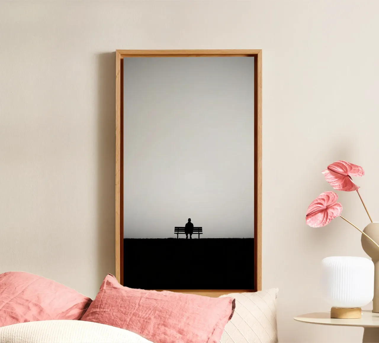 A solitary figure sitting on a bench sad and lonly canvas with Floater frame by DesignDoodle