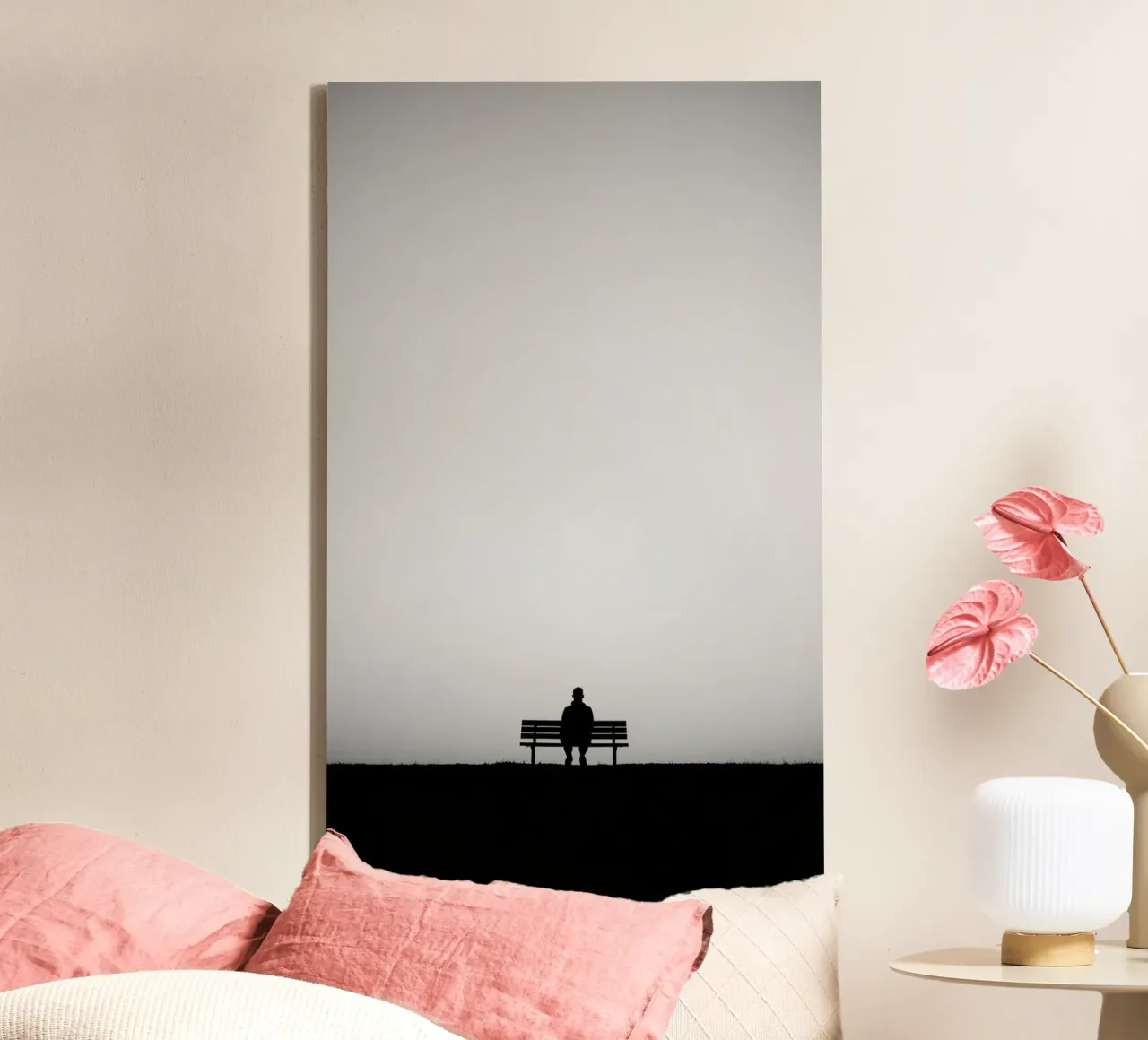 A solitary figure sitting on a bench sad and lonly canvas with Floater frame by DesignDoodle