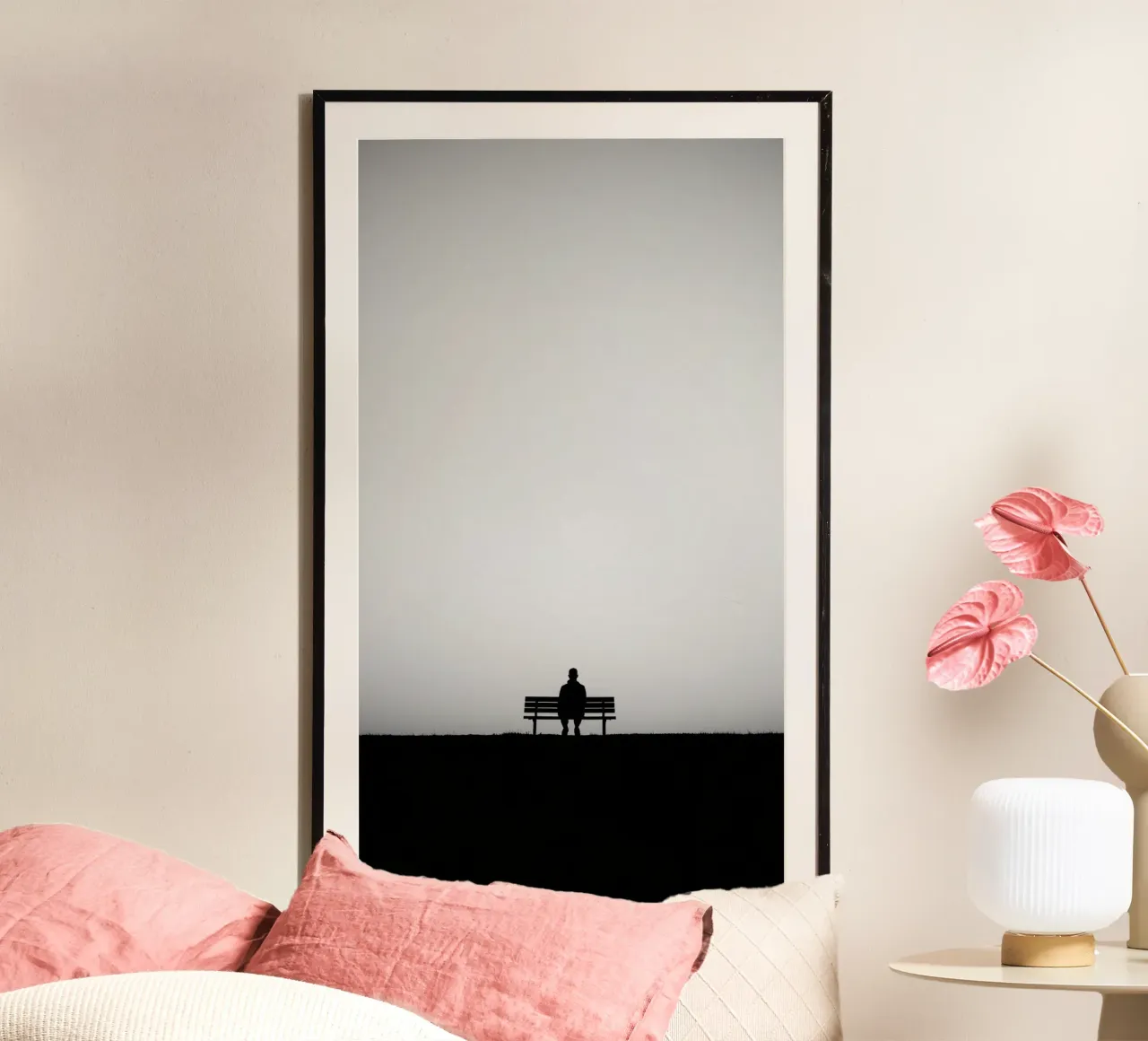 A solitary figure sitting on a bench sad and lonly poster with wooden frame by DesignDoodle