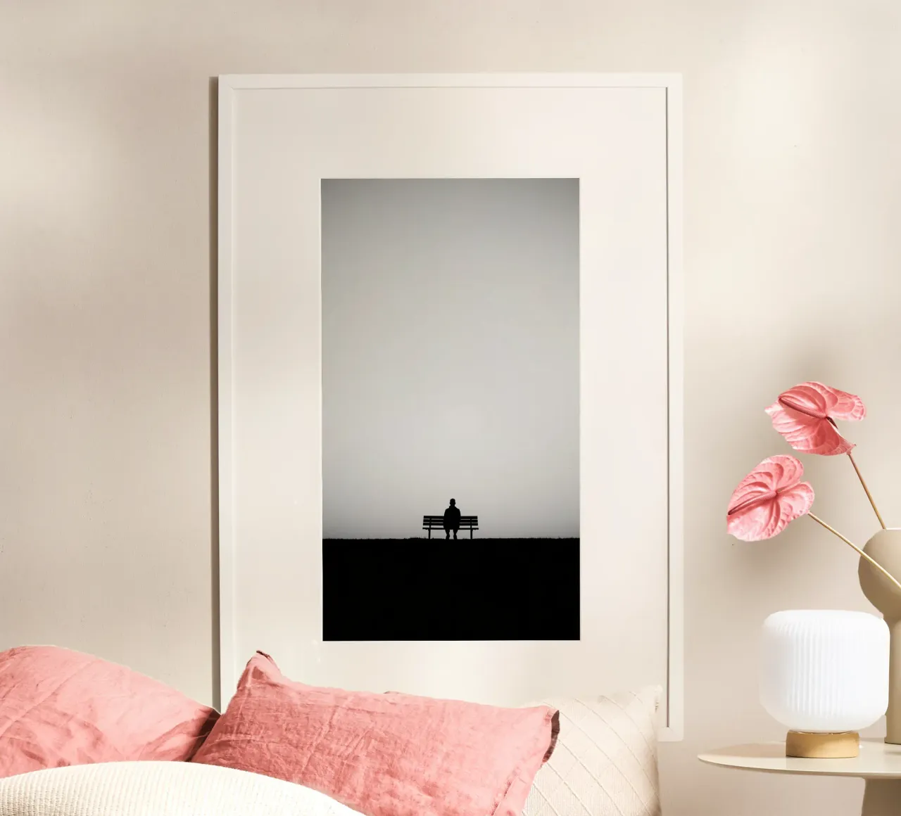 A solitary figure sitting on a bench sad and lonly poster with wooden frame by DesignDoodle