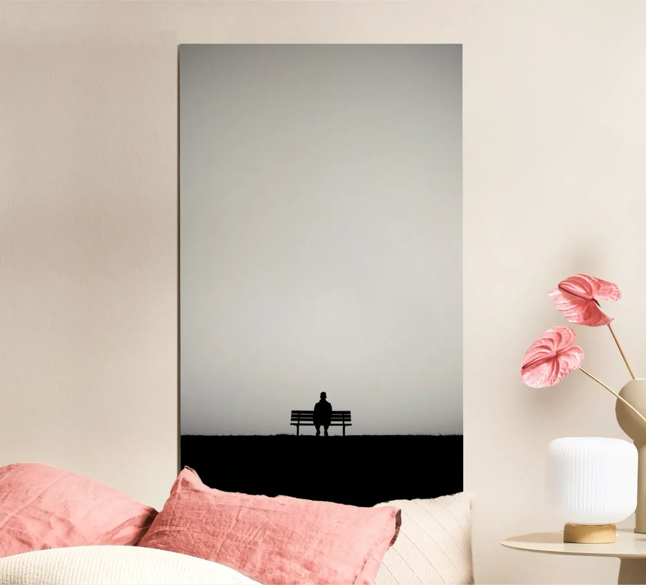 A solitary figure sitting on a bench sad and lonly poster with wooden frame by DesignDoodle